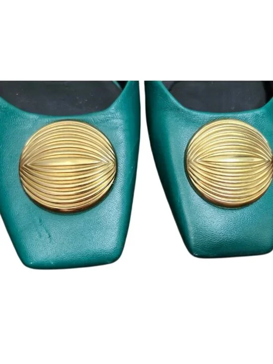 ZARA Green Leather Slingback Heels Gold Medallion Block Heel Women’s EU 41 US 10 - Picture 2 of 15